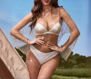 24-Super Sparkling Water Diamond Nail Perles Sexy Water Diamond Split Mesh Creux Mesh Tissu Cover Up Spicy Girl Sexy Fashion Robe longue
