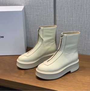 24 De rij witte gladde leren enkel Chelsea Boots platform ritssluiting instapper ronde neus blokhakken platte wedges laarsjes dikke laars luxe modetrend leren laarzen