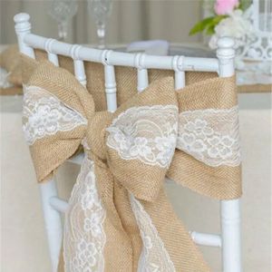 Décorations de mariage 240 x 15 cm Dentelle Bowknot Jute Chaise Ceintures Naturel Hessian Jute Lin Couverture Rustique Cravate Bowknot pour Décor DIY Artisanat