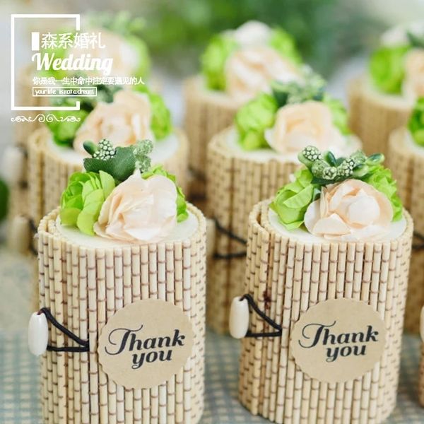 Cajas de dulces de recuerdo de boda de bambú con forma de corazón, cilindro creativo personalizado, caja de regalo para fiesta con etiqueta de lazo, 120 Uds.