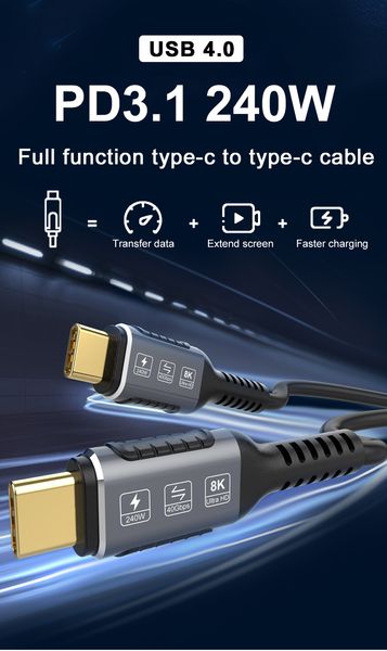 Cable de carga rápida USB C de 240W 48V 5A PD3.1 USB 4 .0 tipo C a tipo C Cables de teléfono móvil 40Gbps 8K 60Hz cable de datos de vídeo