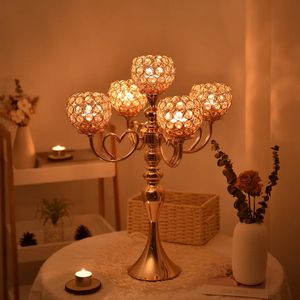 5-Arm Gold Crystal Candelabra Kandelaar Tafel Decor Centerpieces voor Bruiloft Thuis Feestdagen Evenement Decoratie D003