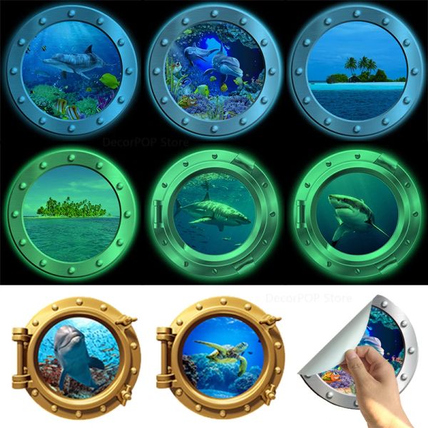 24 cm Luminal Simulated Porthole Wall Stickers Ocean Whales Sharks Turtles Fish Submarine Windowcy