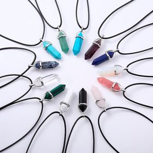 24 kleuren zeshoekige kristal roze paarse quartz natuursteen hanger PU lederen kettingen chakra ketting voor fijne sieraden