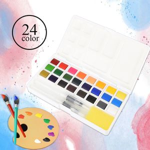 24Colors Solid Water Colour Paint Set plastic doos aquarel pigment Pocket Set met schilderskwast als geschenk