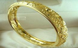 24CT Yellow Gold rempli GF Chinois Carving Wedding Open Bangle Bracelet 10 mm Largeur de 58 mm de diamètre G997577278