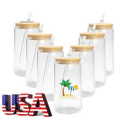 24H Ship 16Oz Sublimation Mugs With Bamboo Lid Sublimated Glass Water Bottles Iced-Cups Tail Jars Juice Cups Us/Ca Stocked 0514