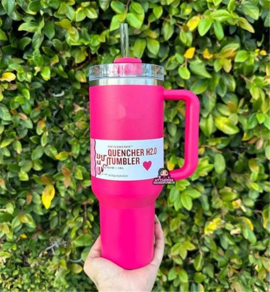 24H Ship Pink Cosmo H2.0 40 oz Vasos de acero inoxidable Tazas con mango de silicona Tapa Tazas de coche de paja Mantenga botellas de agua de viaje frías Día de San Valentín TT0201