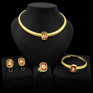 Ensemble de bijoux en alliage 24K, Style or de dubaï, collier, boucles d'oreilles, Bracelet, bague de quatre pour femmes, 240328