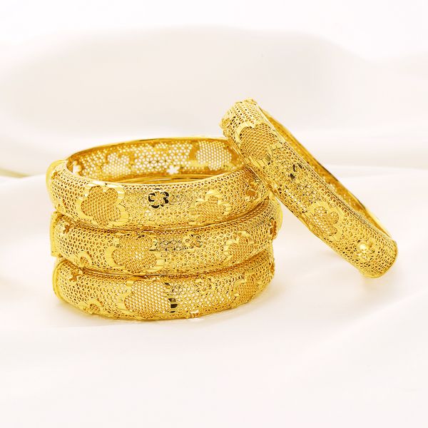 24K fin or jaune FINITION Bracelet Bracelet Openable Flower Gridding 60mm design creux sculpté Bijoux Classique Gros Elegan set / 4 gros