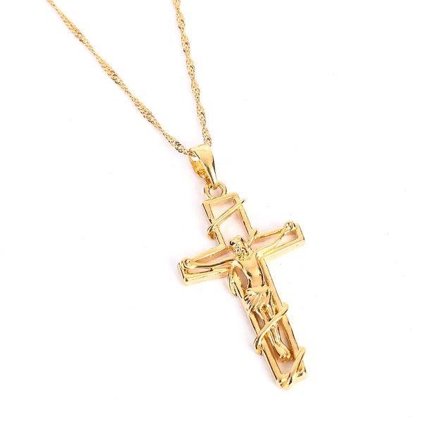 Collier pendentif croix couleur or 24 carats pour femmes et hommes, bijoux tendance, Crucifix, croix de jésus, vente en gros