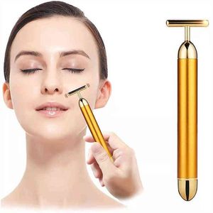 24K Or Électrique Facial Roller Beauty Bar Vibrant Visage Masseur T Forme Ascenseur Anti-Rides Peau Serrage Raffermissant Outil 220510