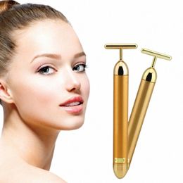 24k Gold Face Lift Bar Roller Vibrati Masajeador adelgazante Facial Stick Belleza facial Cuidado de la piel Herramienta vibratoria en forma de T 87wE #
