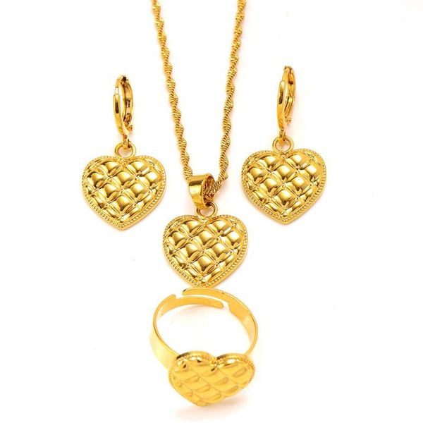 Collar de cadena con ondas de agua llenas de oro de 24k, conjunto de anillo y pendiente con diseño de corazón de amor de Dubái, conjuntos de joyería de diseño suave, charms250B