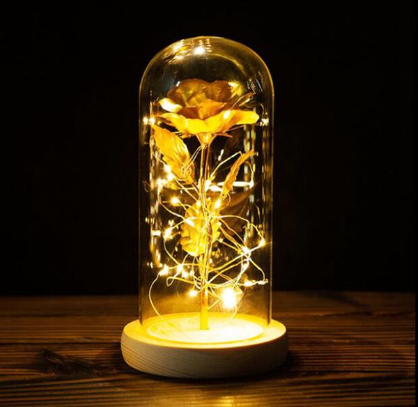 Décorations de Noël 24k Feuille d'Or Plaqué Rose LED Fleur Éternelle Dôme Immortel Dans Un Flacon Couvercle En Verre Saint Valentin Cadeau GGA3766-1