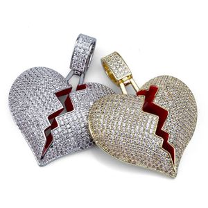 18K Goud Iced Out Solid Broken Heart Hanger Ketting Messing Goud Verzilverd Mannen Hip Hop Bling Sieraden Valentijnsdag Gift