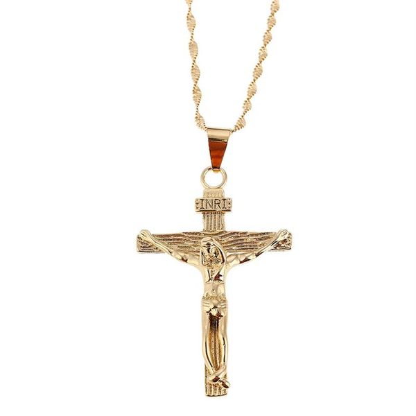 Collier croix de jésus en or 24 carats, pendentif Religion Crucifix INRI, bijoux 278O