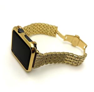 Coque de protection pour lunette Apple Watch plaquée or 24 carats, diamants dorés, bracelet en acier inoxydable pour Apple Watch S1S2S3 42 mm 2 en 1 Set9000239