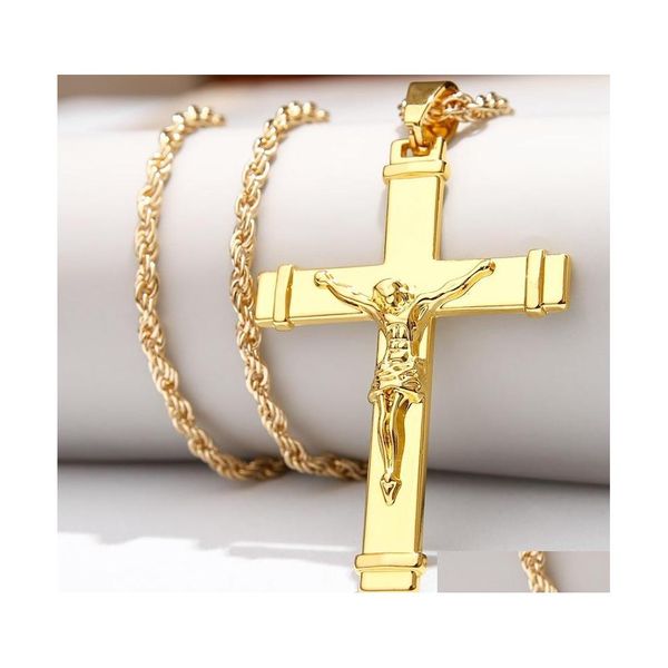 Collier avec pendentif croix de jésus-Christ plaqué or 24 carats, chaîne cubaine de style Hip Hop pour hommes, bijoux Crucifix dorés