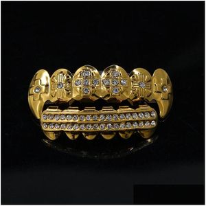 Grillz de dents en or 24 carats avec strass, ensemble de grilles brillantes, bijoux Hip Hop glacés, livraison directe Dhaw2