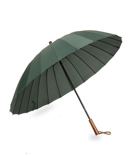 24K Long manche grand parapluie pluie femmes augmenter coupe-vent en bois couleur unie Golf Parasol grand UMBRLLAS hommes cadeau Y200324224W1505210