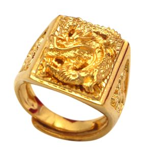 24K Pure Yellow Gold Ring For Men Luxury gravure Dragon verstelbare ringen Gentleman Wedding Party Sieraden Gift Trend 240109