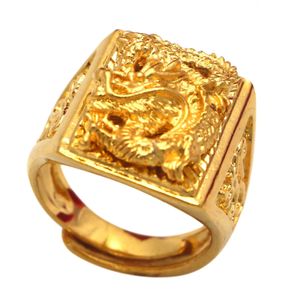 24K Pure Yellow Gold Ring For Men Luxury gravure Dragon verstelbare ringen Gentleman Wedding Party Sieraden Gift Trend Y240119