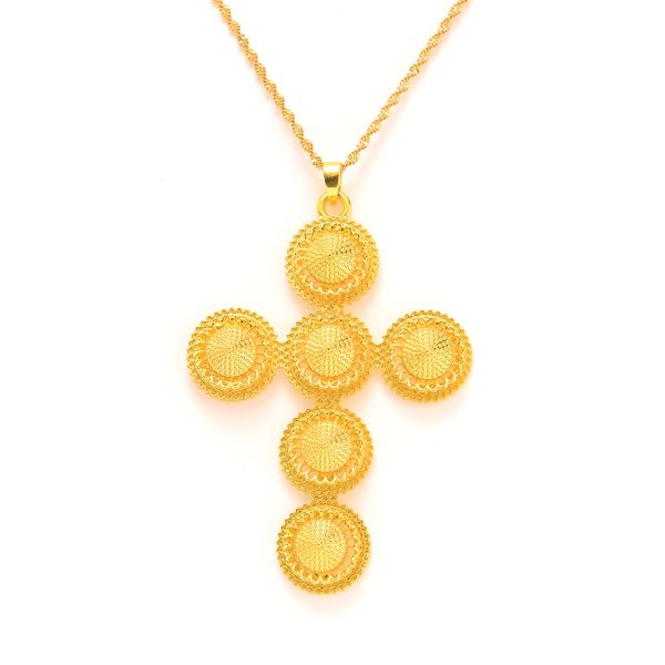 Collier avec pendentif croix Crucifix, couleur or fin jaune 24 carats, plusieurs fleurs, ras du cou, pagode ronde, sélection de combinaison