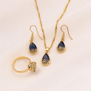 24K Geel Goud GF Waterdruppel paarse Kristallen Ketting Hanger Oorbellen Ring cz grote Rechthoek Gem met Kanaal Sieraden Set223a