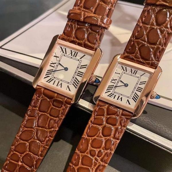 24mm 27mm Cuir Marron Réservoir Montre-Bracelet Femmes Hommes Géométrique Chiffre Romain Montre Couples Rectangle Verre Montres Femme Homme Sapphir193G