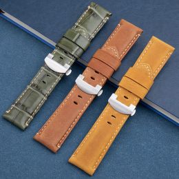 Bracelet de montre en cuir de cheval fou rétro italien souple, 24mm, pour Panerai, pour PAM111 441, ceinture à extrémité plate, boucle pliante