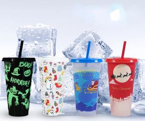 24OZ / 710ml Noël Halloween Tasse de couleur changeante Coupe d'eau Boisson à froid Coupe de paille Coupe de fruits Thé PP Tasses en plastique sensibles à la température Cadeau FY5588 AU17