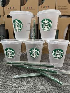 24 OZ/710 ml Starbucks Rainbow Plastic Tumbler Herbruikbare Clear Drinken Platte Bodem Cup Pijlervorm Deksel Stro Mok Bardian