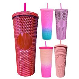 Tasse de café rose 24oz / 800 ml avec paille à double paroi isolée bitelle d'eau bling pour les cadeaux de fille 240425