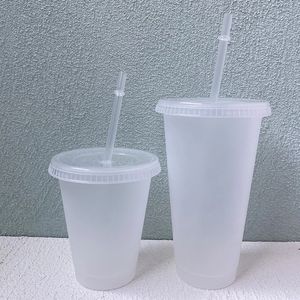 24oz Clear Cup Plastic Mokken Transparante Tumbler zomer herbruikbare koud drinken koffie sap mok met deksel en stro FY5305 F0809