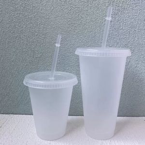 24oz Clear Cup Tasses en plastique Transparent Tumbler Été Réutilisable Boissons froides Tasse de jus de café avec couvercle et paille FY5305