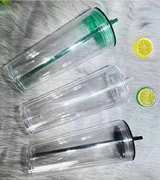 Gobelets en plastique transparent de 24 oz Bouteilles d'eau en acrylique à couvercle plat avec paille Tasse à café de bureau portable à double paroi Tasses à boire en PS solides transparents réutilisables