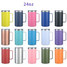 Tasse à café de 24 oz avec poignée isolée en acier inoxydable réutilisable à double paroi sous vide bière tasse de voyage gobelet enduit de poudre avec couvercles coulissants fermés