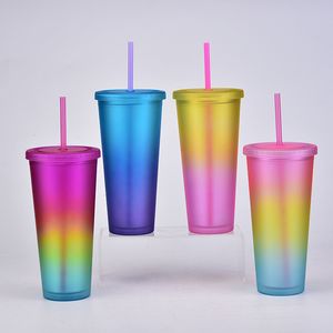 24 oz Tasses À Café Acrylique Maigre Gobelets Couleurs Mats Double Paroi Réutilisable Potable En Plastique Sippy Tasse Avec Couvercle Pailles Couleur Arc-En-Ciel