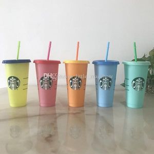 Vaso Starbucks de sirena 24 oz / 710 ml vaso de plástico reutilizable para beber vaso de paja de fondo plano transparente con tapa cilíndrica