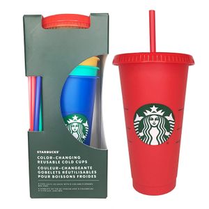 24OZ Gobelets à changement de couleur Tasse à jus en plastique avec lèvre et paille Tasse à café magique Costom Starbucks tasse en plastique à changement de couleur GBN
