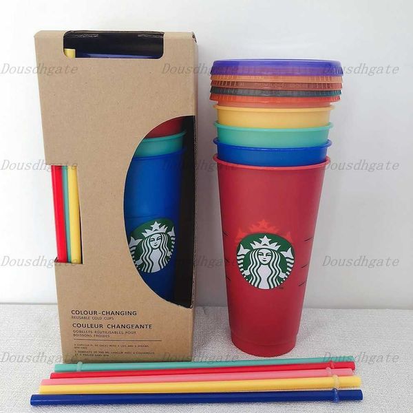 24OZ Gobelets à changement de couleur Tasse à jus en plastique avec lèvre et paille 1 tasse à café magique Costom Starbucks couleur changeante en plastique cu DSMA