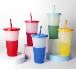 24oz kleur veranderende beker magische herbruikbare plastic cups met deksel en stro snoep kleuren koud drinkende tuimelaar magische kleur veranderende tuimelaars