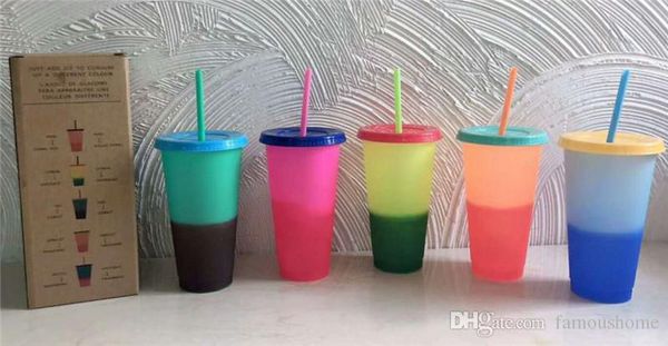 Taza que cambia de color CALIENTE de 24 oz Vasos de plástico reutilizables mágicos con tapa y pajita Colores de caramelo Vaso para beber en frío Vasos que cambian de color mágico s Cy s s