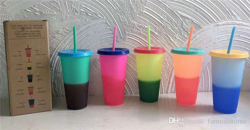 24oz 핫 색상 교체 컵 마법 재사용 가능한 플라스틱 컵 뚜껑과 밀짚 캔디 색상 콜드 마시는 텀블러 마법 색상 교환 텀블러 S Cy S S