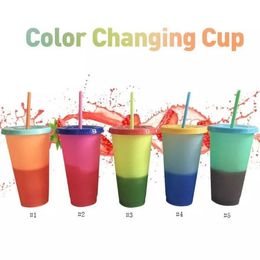 24oz Magic Color Changing Cup Tumblers Plastic Drinkbeker met Deksel en Stro Candy Kleuren Magic Koffiemok SN4503