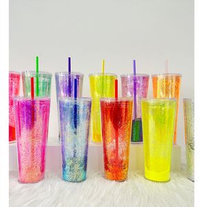 Gobeurs en plastique en plastique 24oz les tasses froides holographiques laser avec paille de couvercle réutilisable 710 ml en plastique diamant de durén