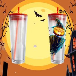 Gobelets pré-percés de 24 oz qui brillent dans le noir Globe de neige Bouteilles d'eau transparentes à double paroi en acrylique d'Halloween