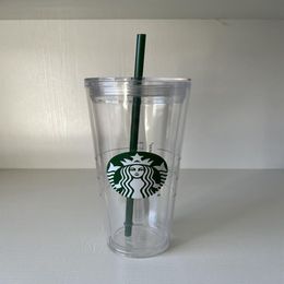 Taza de sirena Starbucks de 24 oz Vasos de plástico transparente de doble capa Taza reutilizable con tapa y paja 202M