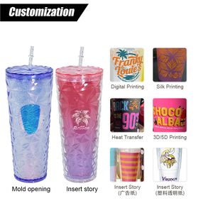 24 oz bezaaid bekers dubbelwandige plastic beker creatieve visschaalvorm van PS-beker met platte deksel geïsoleerde drinkware sapbeker LG41